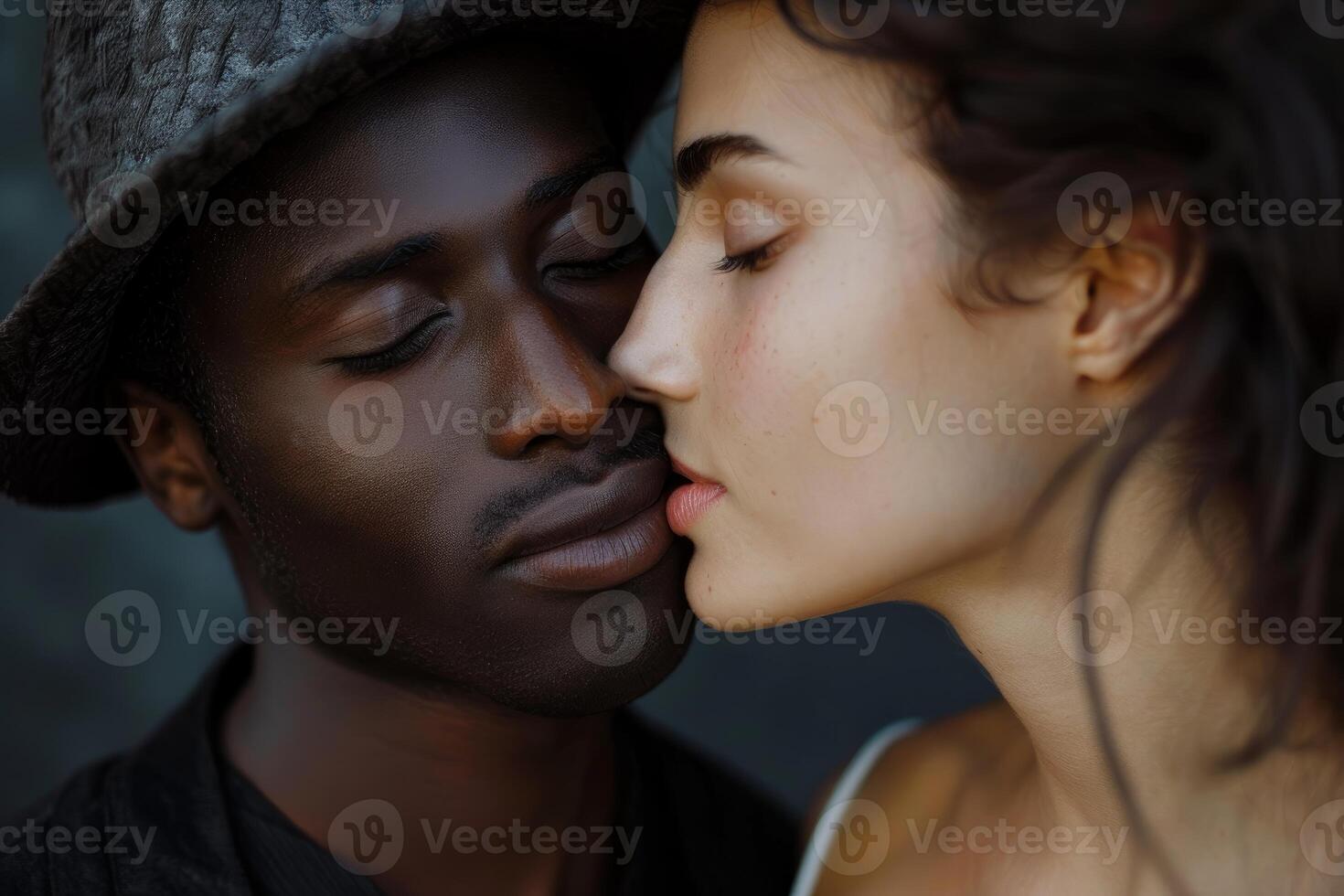 Interracial couple sharing a tender moment of affection photo