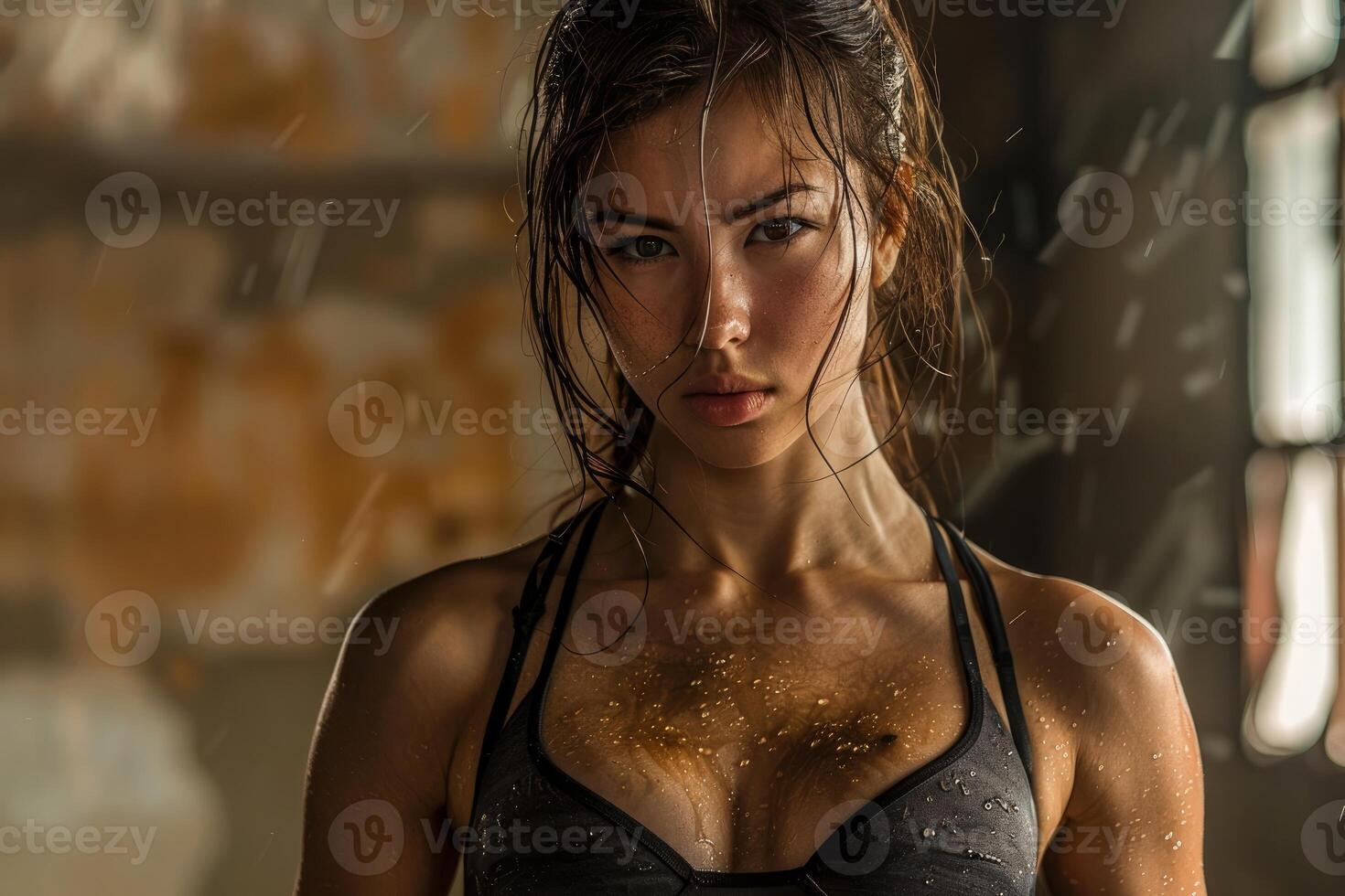 Sportswoman sweating and posing after intense workout in gym photo