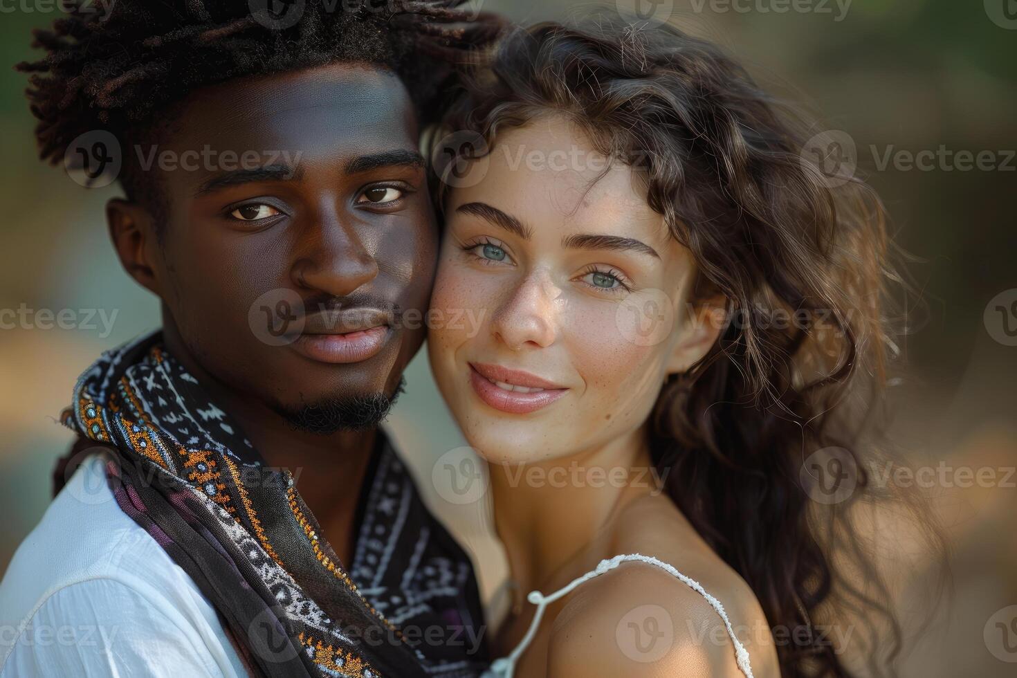 Interracial couple embracing, showing love and harmony photo