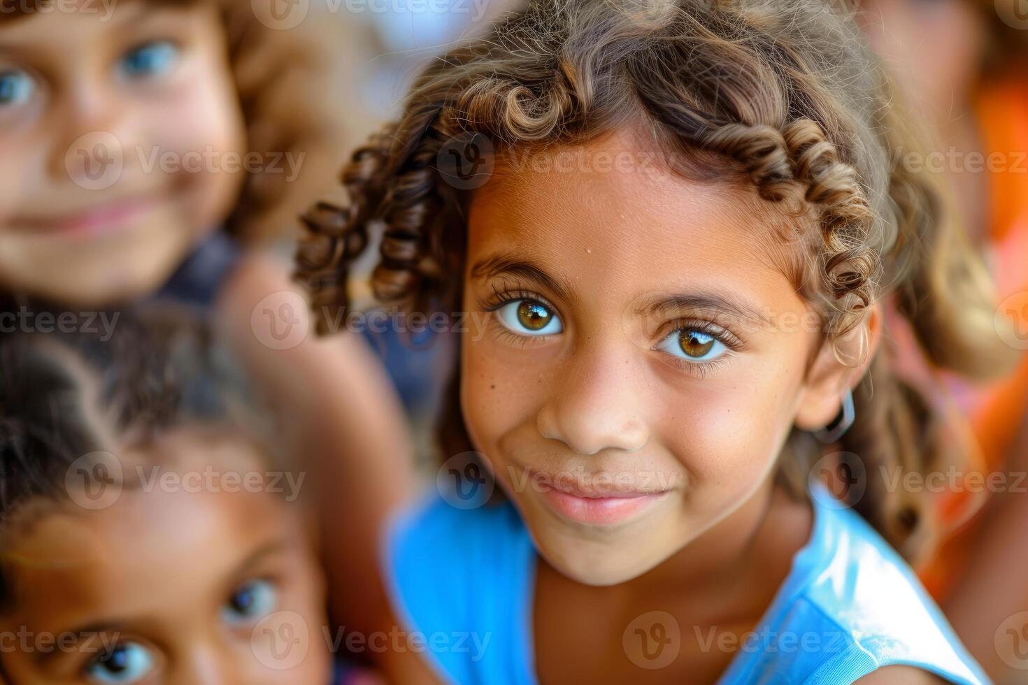 Portrait of smiling young girl with curly hair and bright eyes surrounded by friends photo