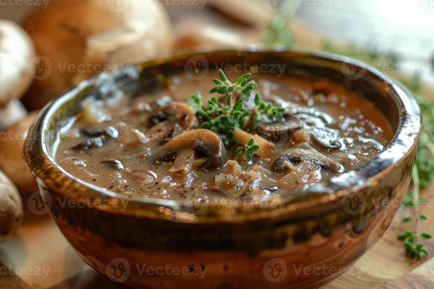 Creamy mushroom soup garnished with fresh thyme in rustic bowl photo