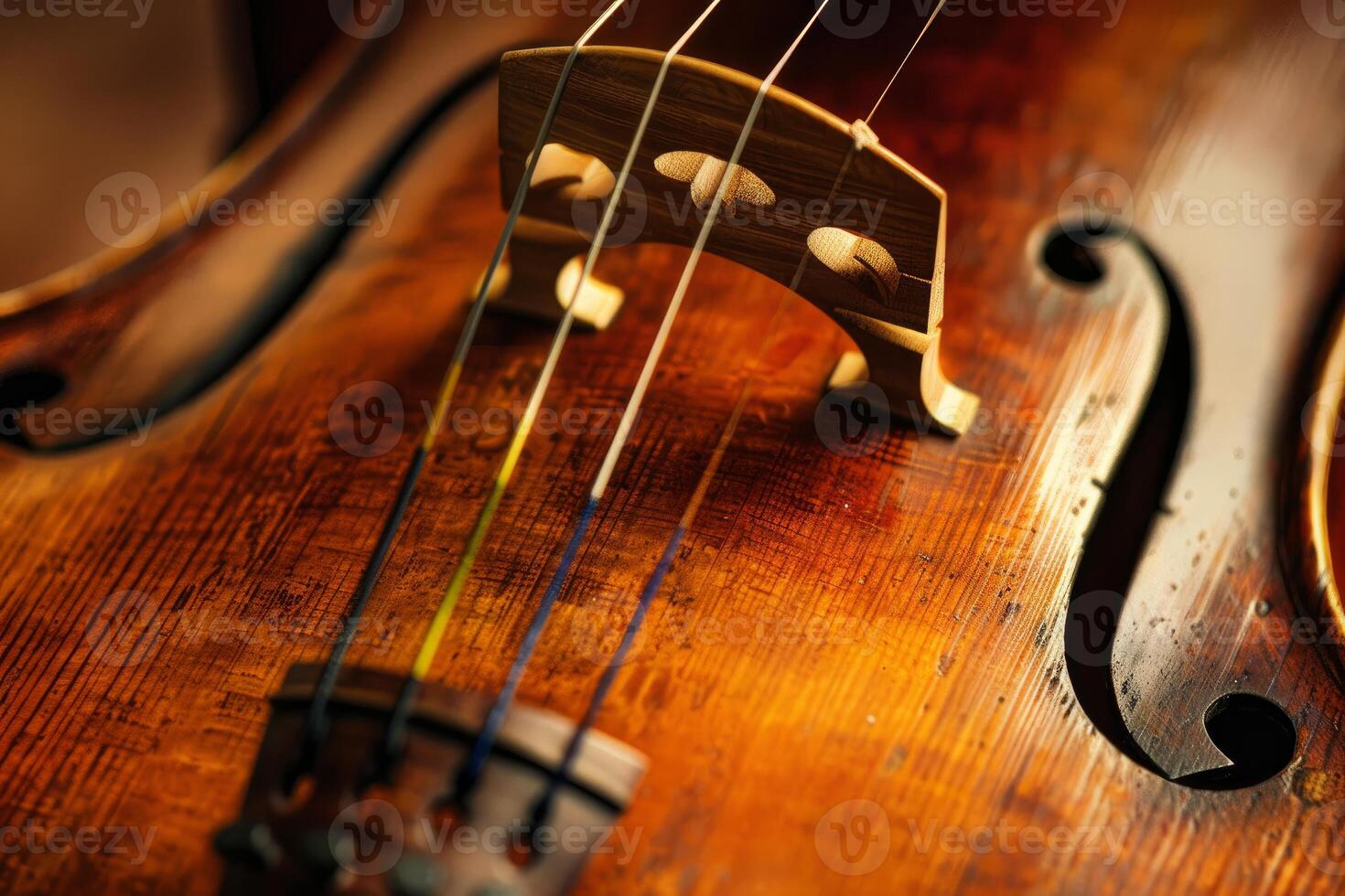 Close up of bridge and strings on an antique cello showing fine craftsmanship photo