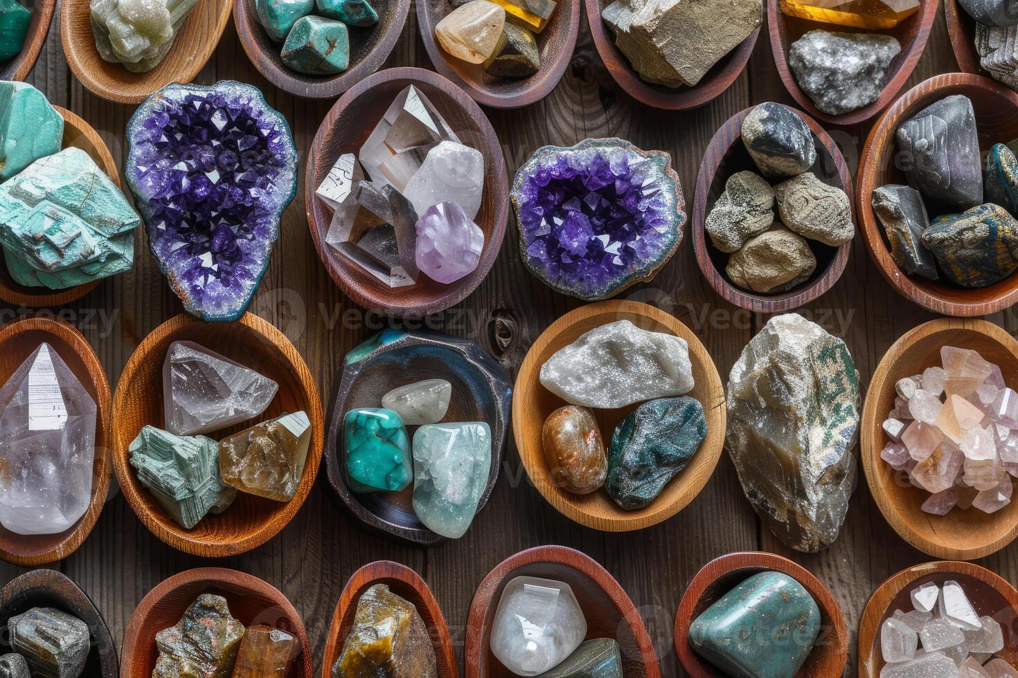 Variety of colorful healing crystals and gemstones in wooden bowls for alternative medicine photo