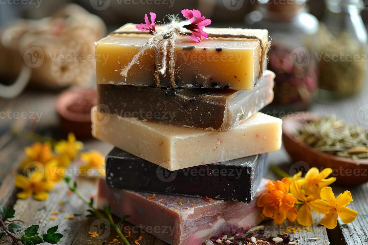 Stack of colorful handmade soap bars with flowers and herbs creating a relaxing spa atmosphere photo