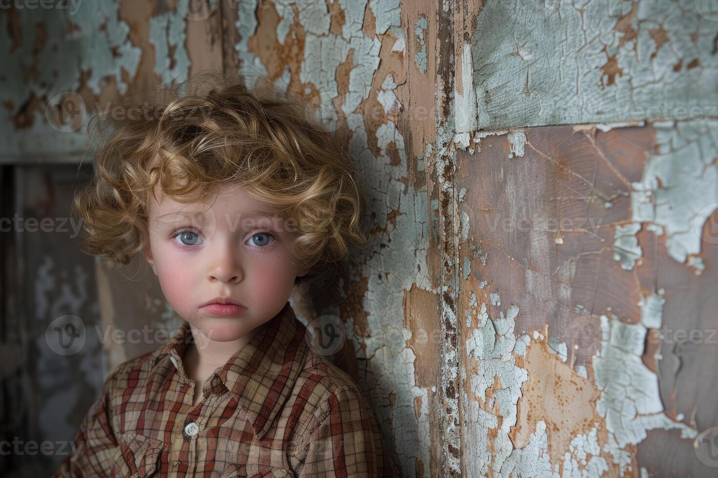 Sad child leaning against a flaking wall conveys poverty and abandonment photo