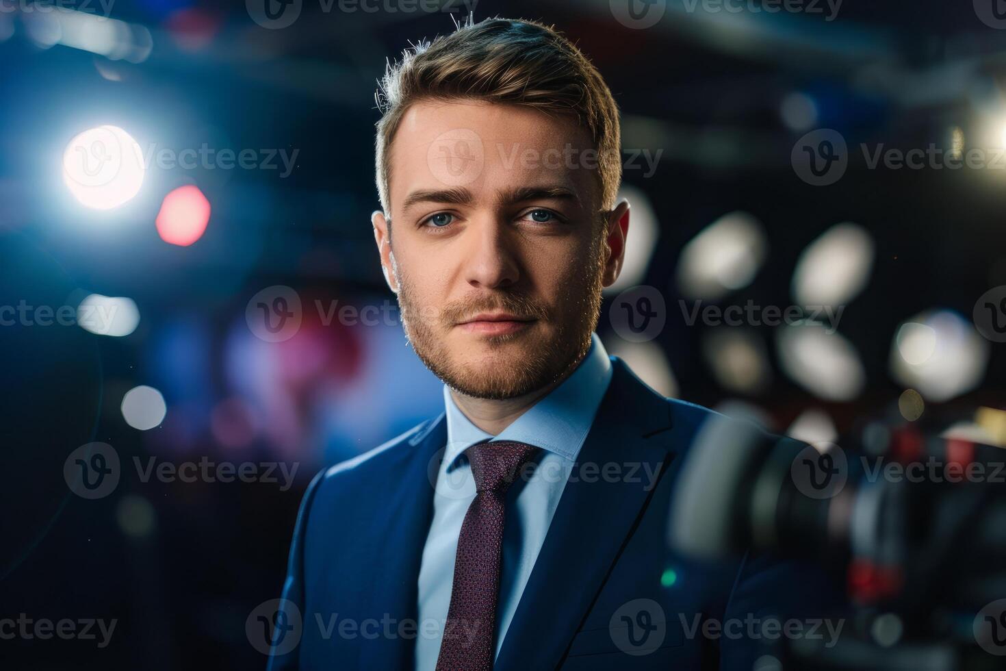 News anchor getting ready for live broadcasting in television studio photo
