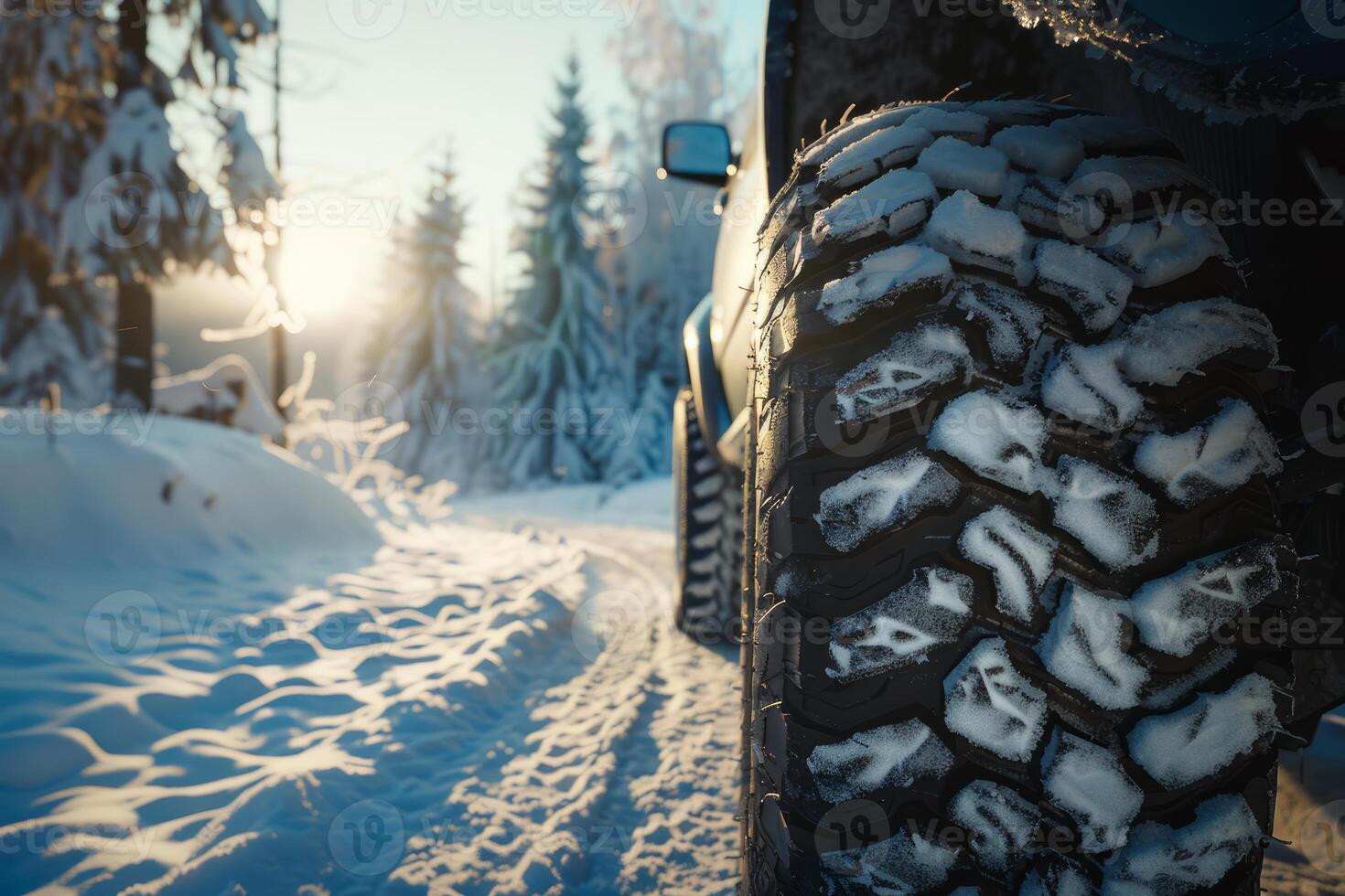 Winter tire on a 4x4 vehicle driving on a snowy road in a forest at sunset photo