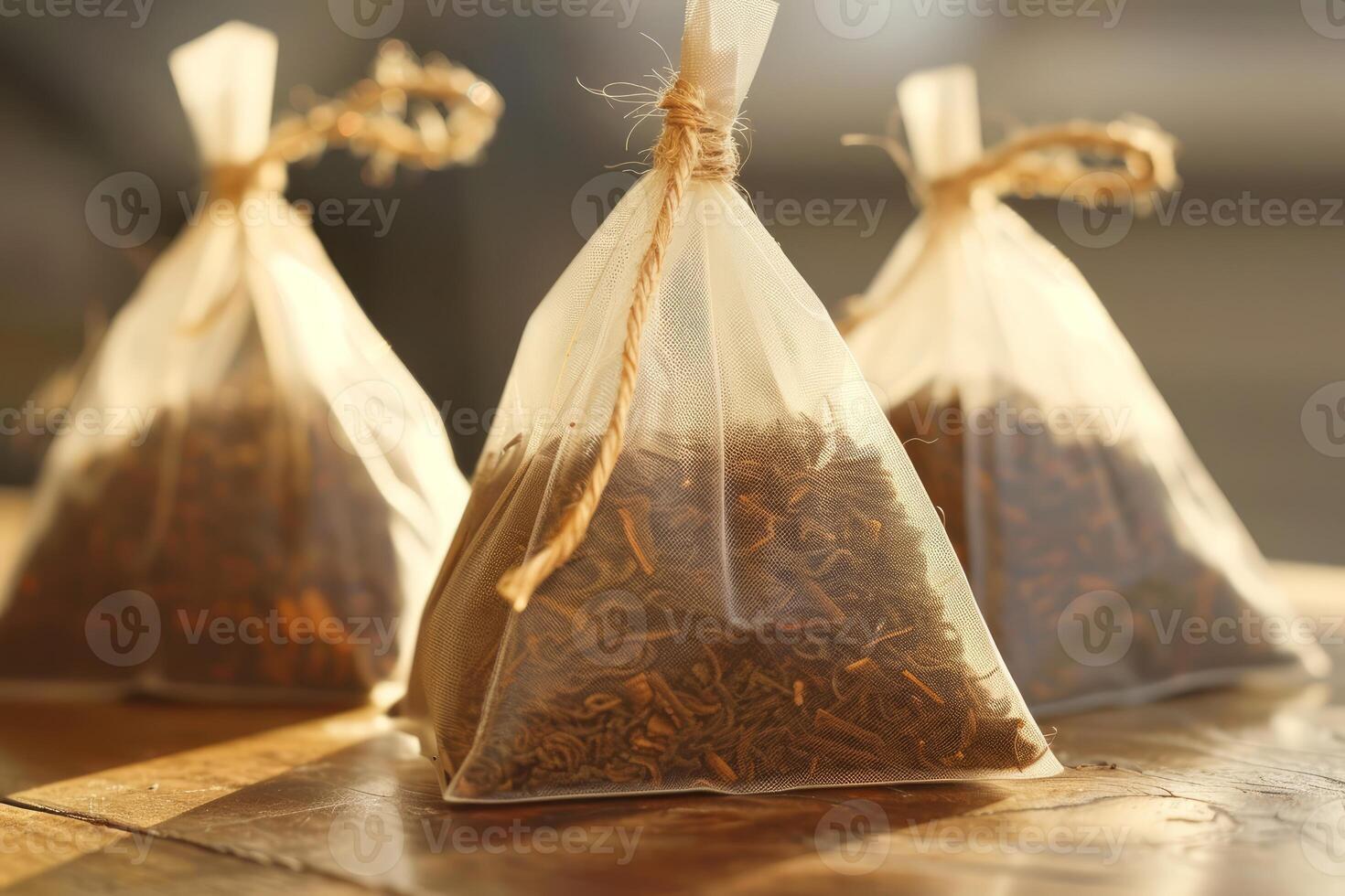 Tea bags resting on wooden table, brewing a perfect cup photo