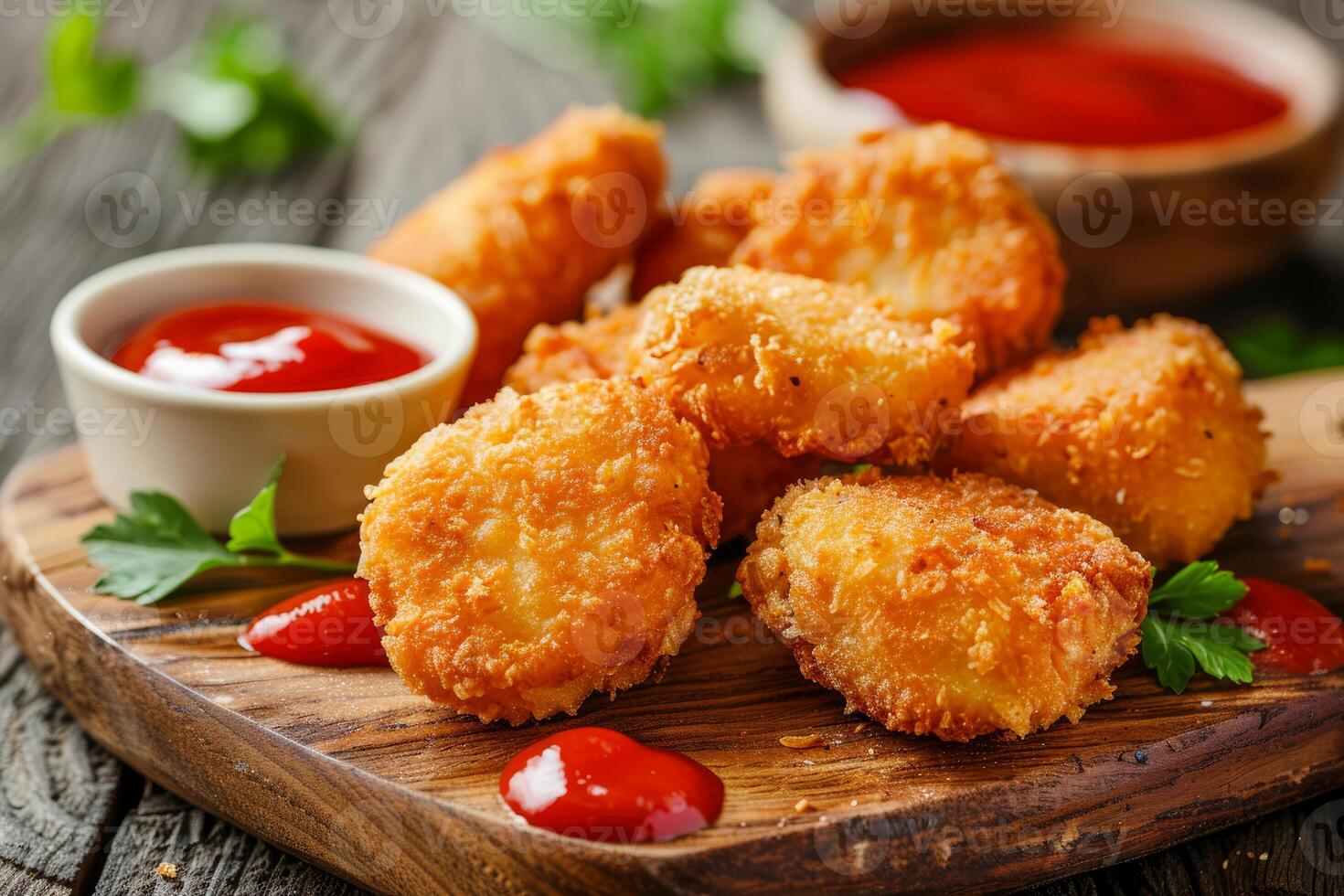 Delicious crispy chicken nuggets with ketchup and parsley on wooden board photo