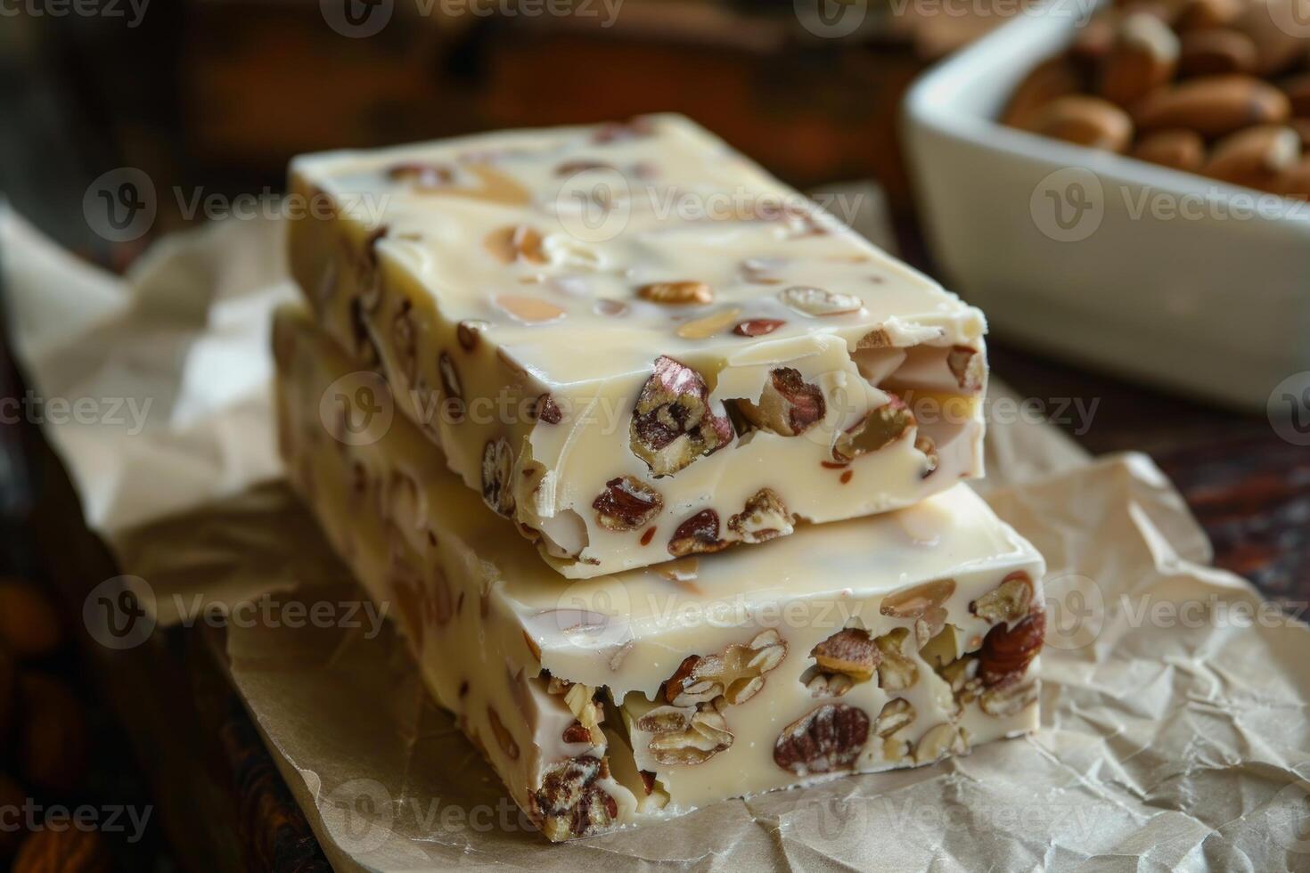 Delicious white chocolate with nuts and caramel on baking paper photo