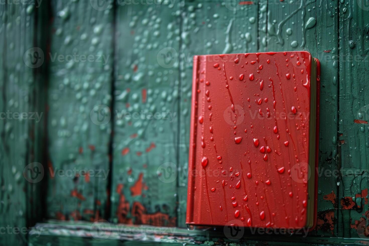Red notebook getting wet on green rustic wooden door during rain photo