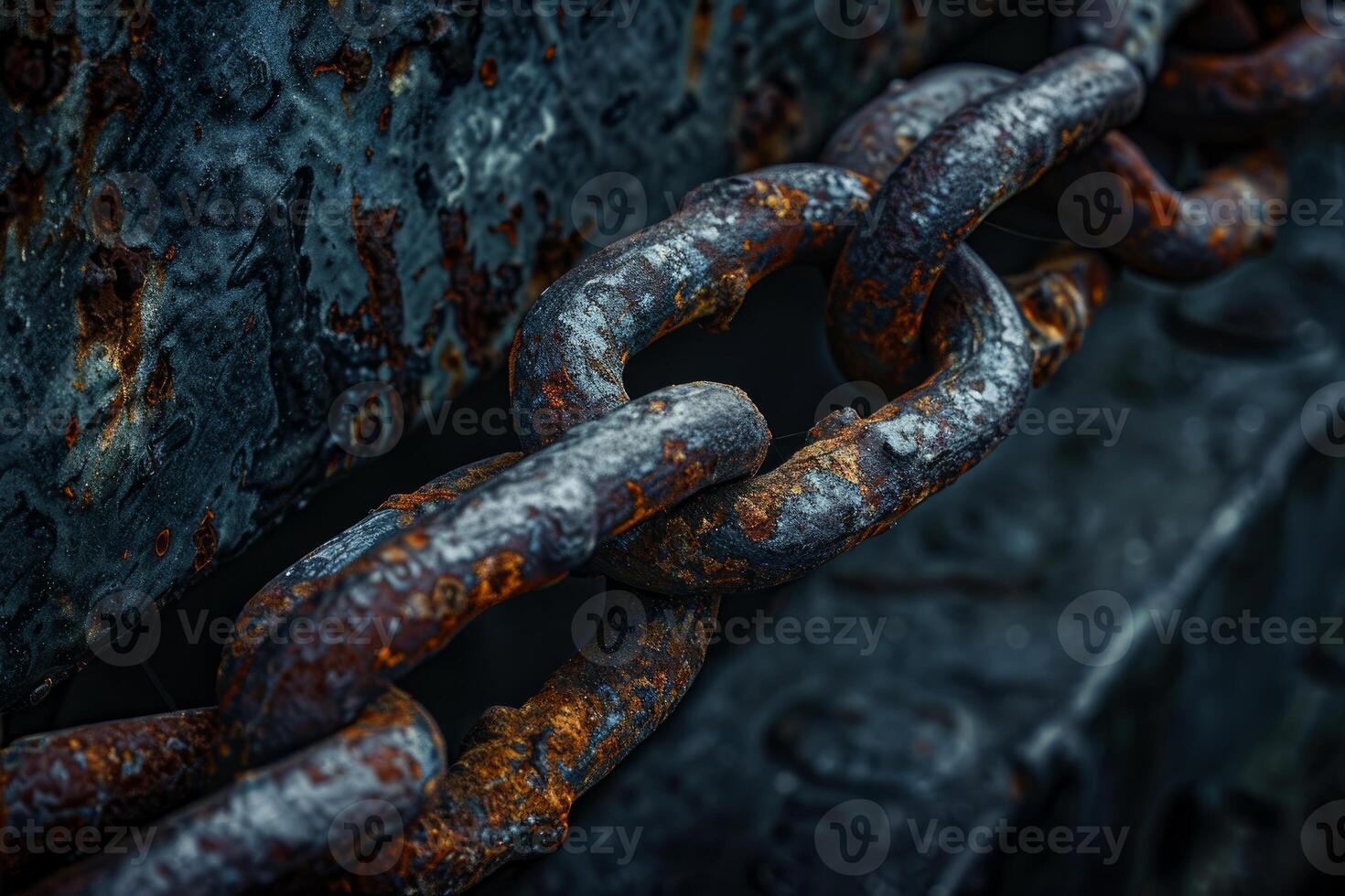 Rusty chain hanging on corroded metal surface photo