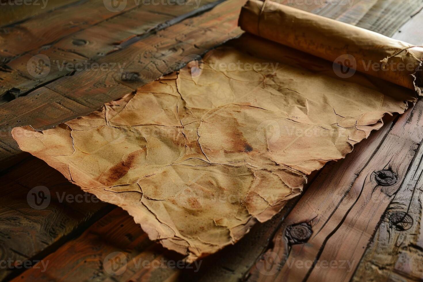Old crumpled paper scroll lying on wooden table photo