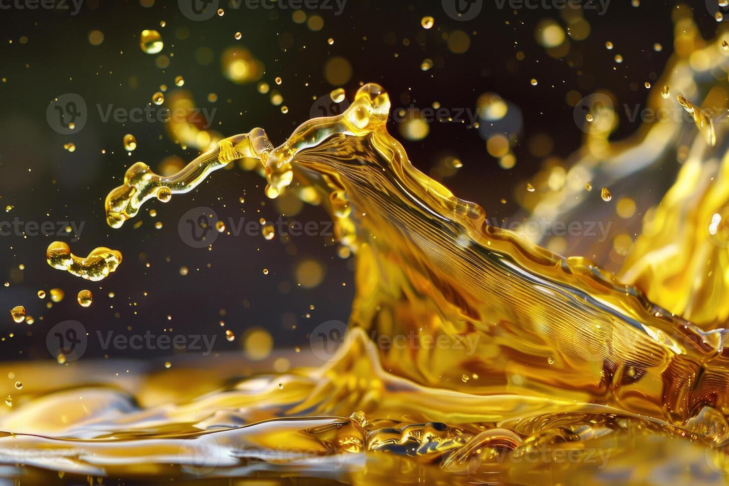 Golden liquid splashing and making drops on dark background photo