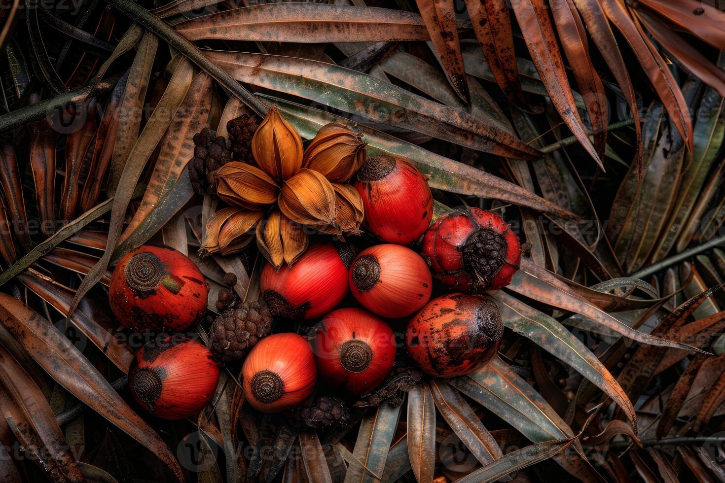 Vibrant red palm fruits resting on dried palm leaves in tropical setting photo