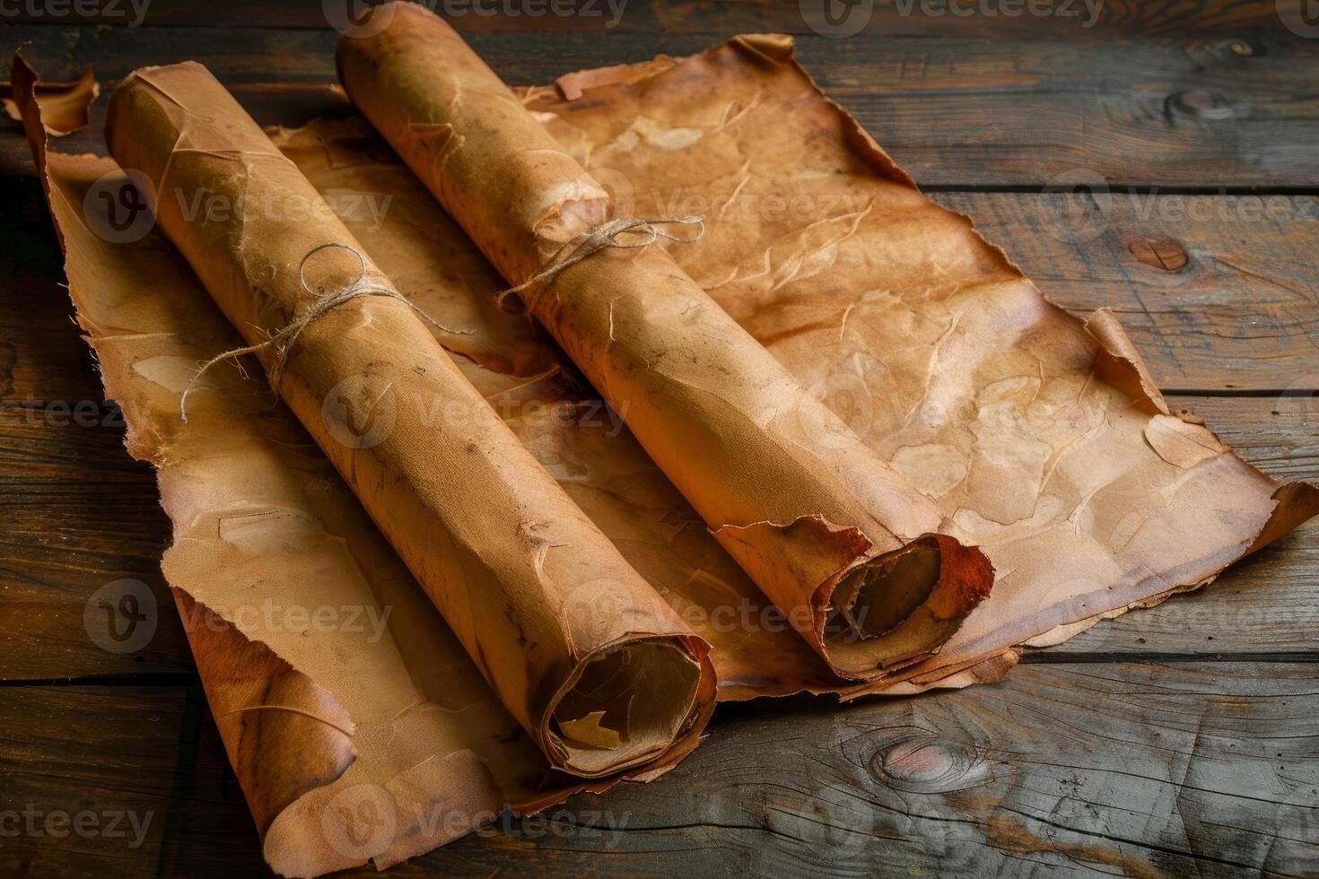 Two ancient scrolls resting on wooden table, preserving history photo