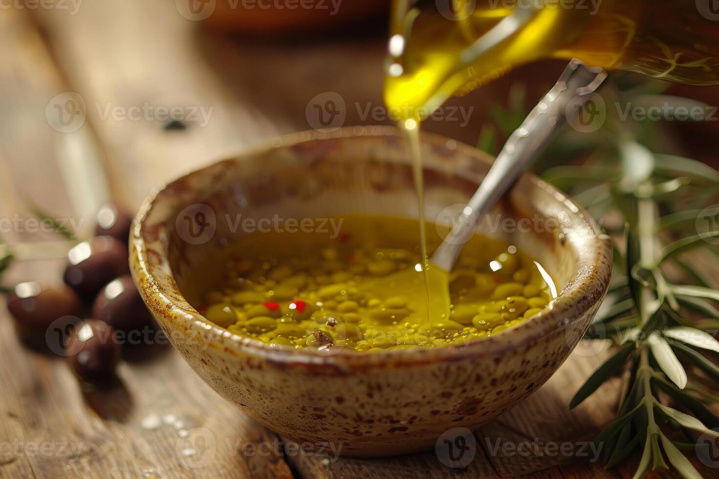 Chef pouring olive oil into bowl with spices and herbs for marinade preparation photo