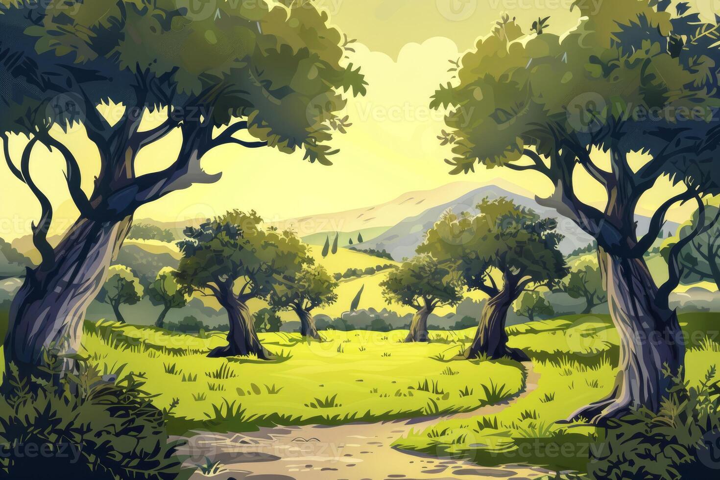 Pathway leading through green meadow surrounded by olive trees and hills at sunrise photo
