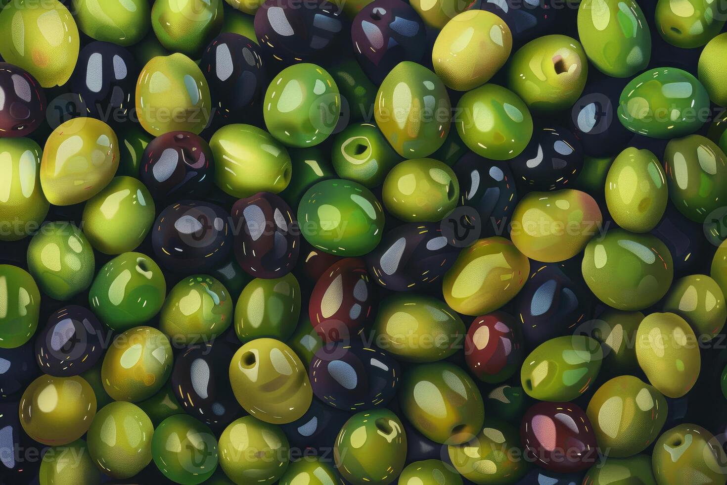 Green and black olives forming a colorful background texture photo