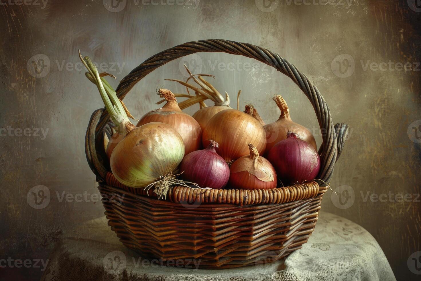 Wicker basket overflowing with fresh onions on rustic table photo