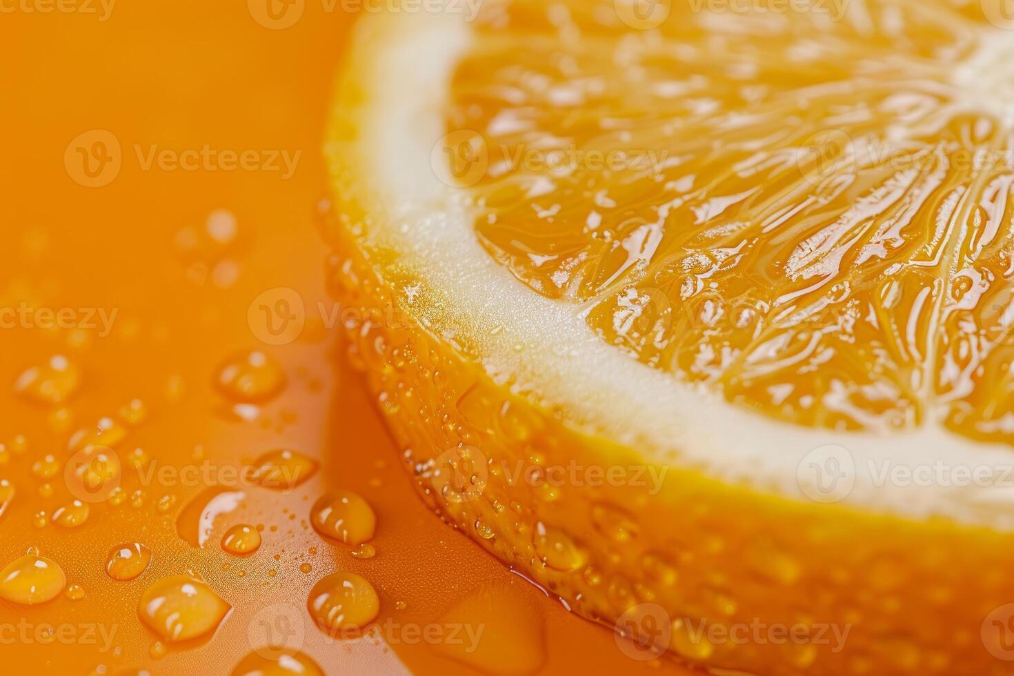 Orange slice with water droplets resting on vibrant orange surface photo