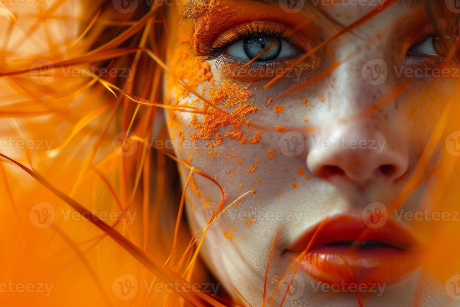 Close up of model with orange makeup and freckles posing for beauty photoshoot photo