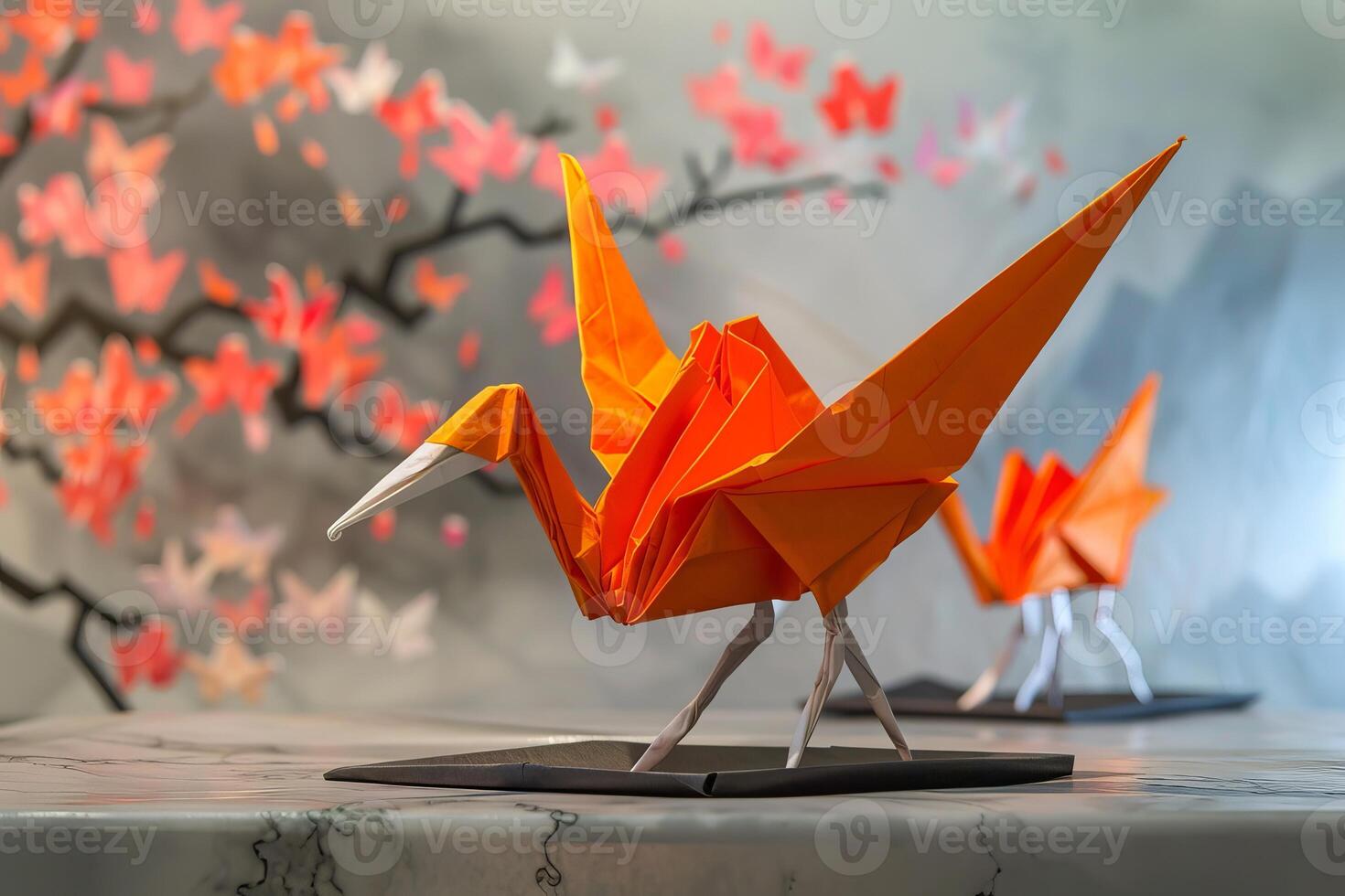 Origami crane standing on a table with cherry blossom background photo