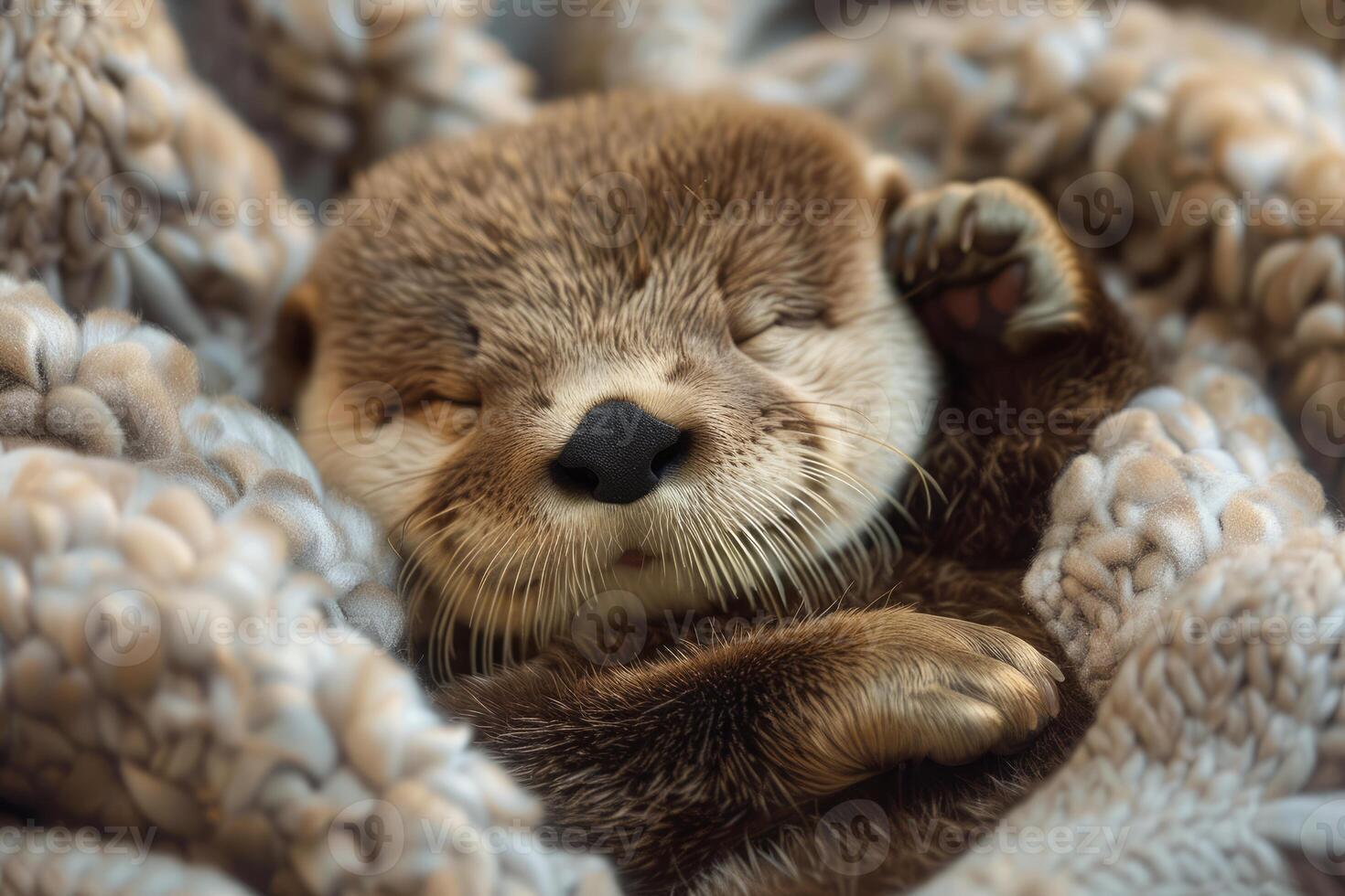 Adorable baby sea otter sleeping peacefully on soft blanket photo