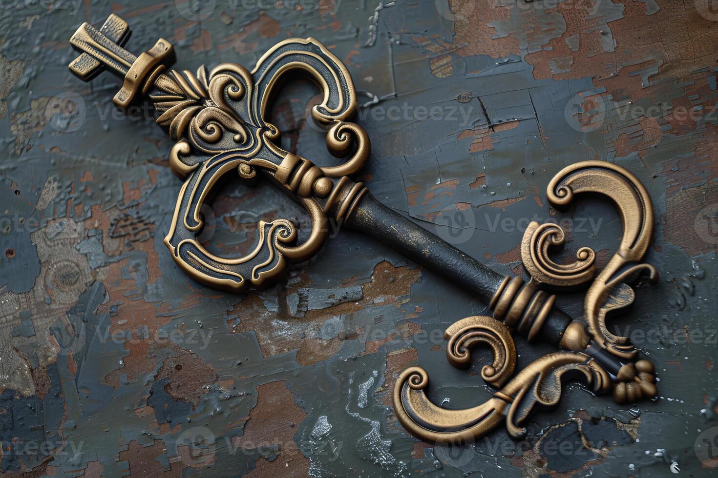 Ornate vintage key resting on weathered surface symbolizing mystery and discovery photo