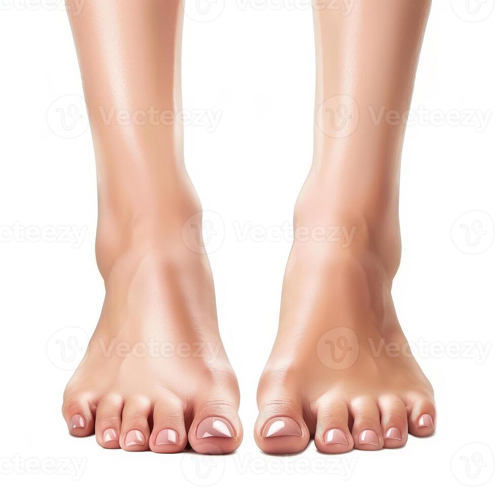 Woman showing her beautiful smooth feet skin on white background photo