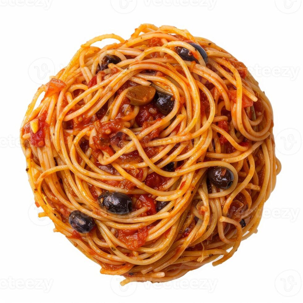 Spaghetti puttanesca with tomato sauce, black olives, and capers filling the frame photo