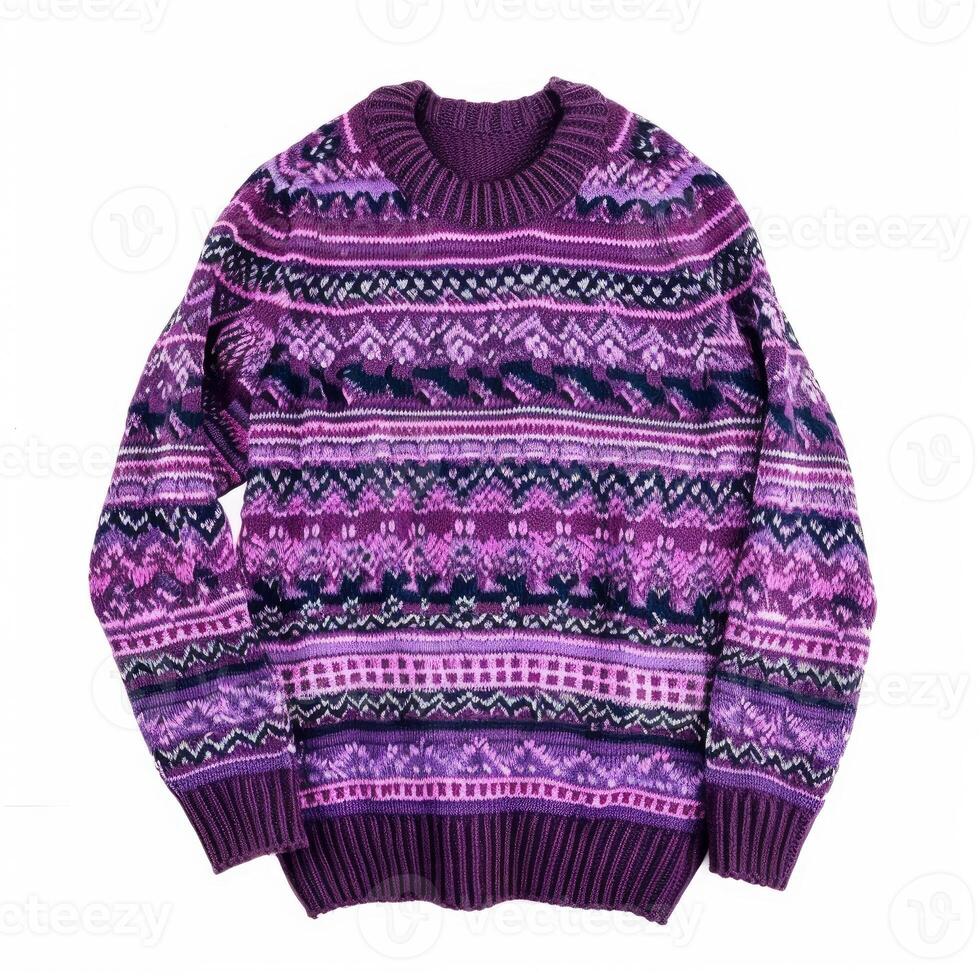Folded purple winter sweater with geometric pattern on white background photo