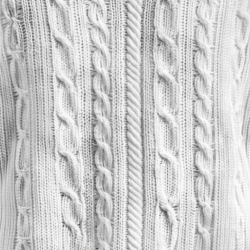 White cable knit sweater texture creating cozy winter background photo