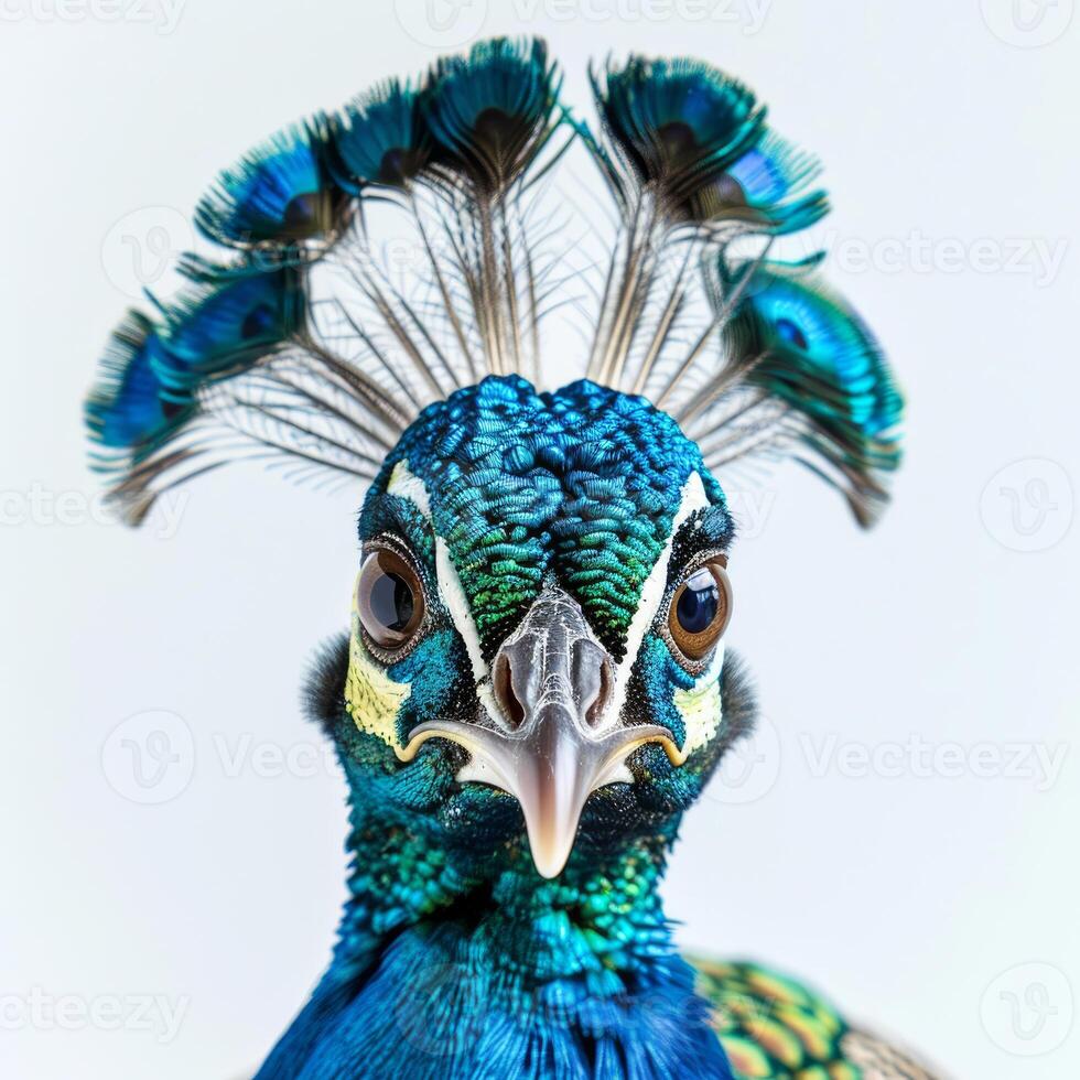 Peacock showing its colorful feathers on white background photo