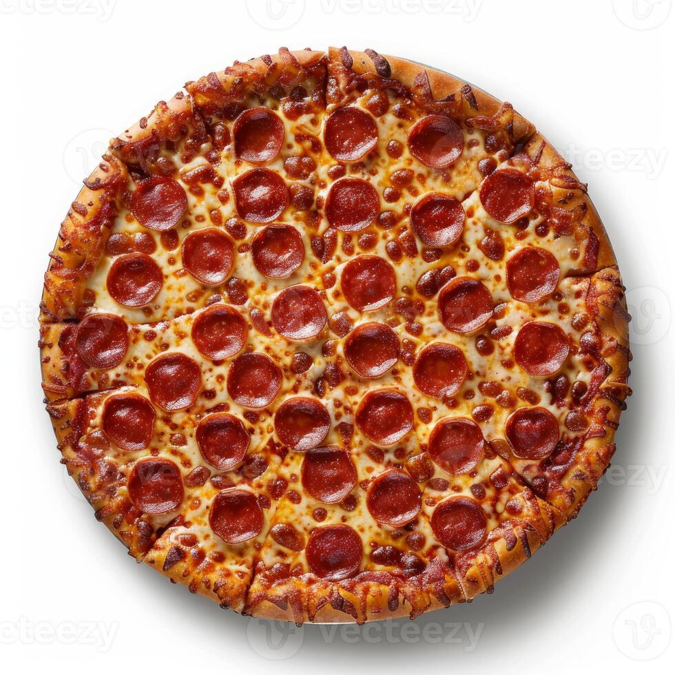 Delicious pepperoni pizza presenting slices on white background photo