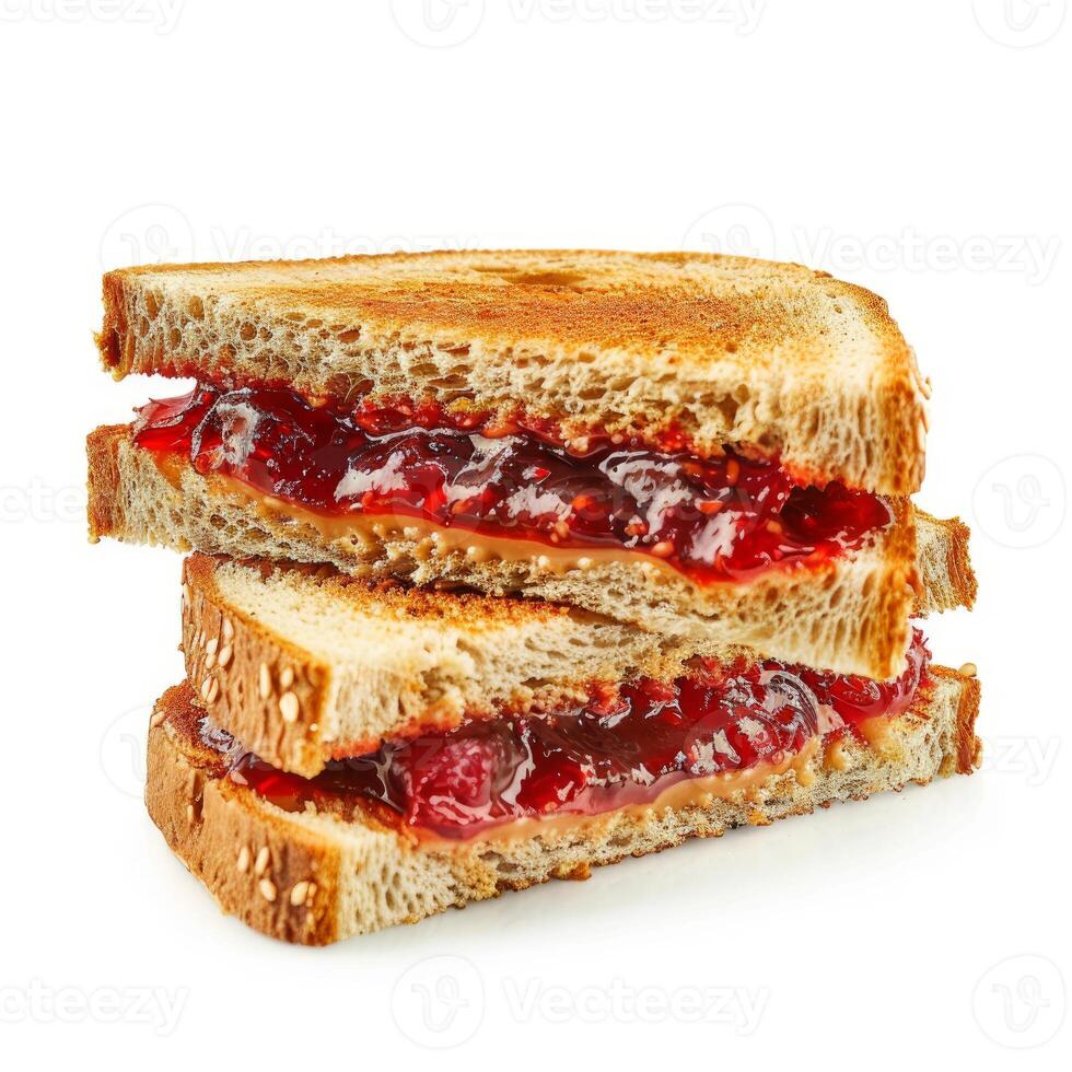 Toasted whole wheat bread presenting peanut butter and jelly sandwich photo