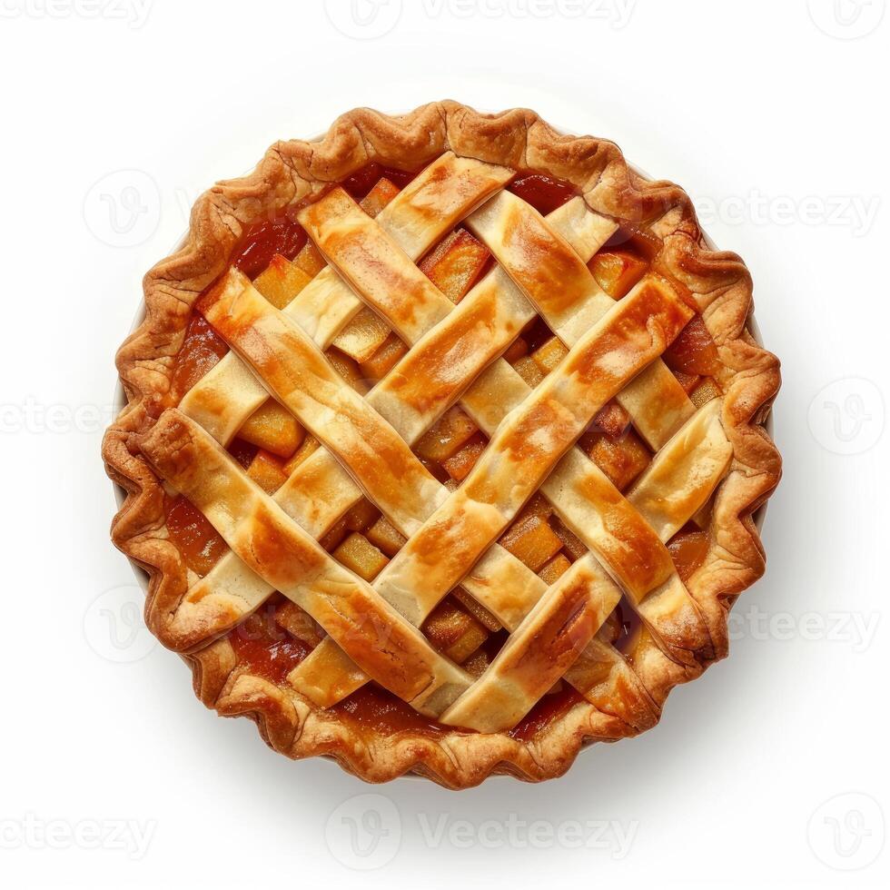Delicious homemade peach pie showing golden crust and lattice top photo