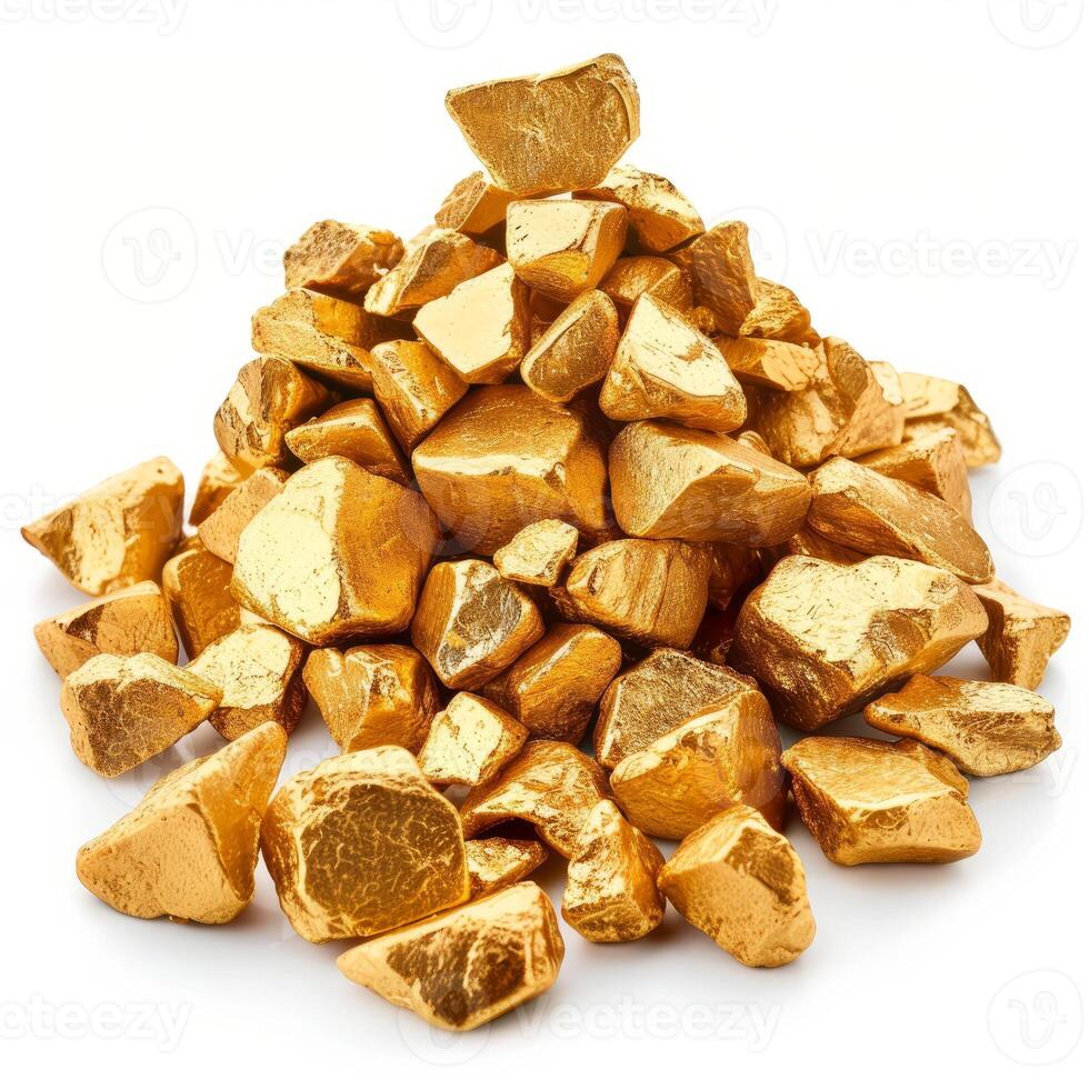 Pile of gold nuggets forming a small mountain on white background photo