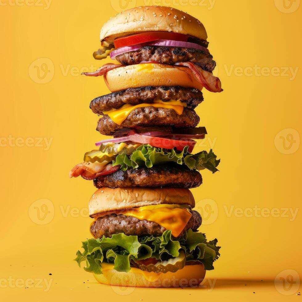Huge stack of tasty burgers making a big tower on yellow background photo