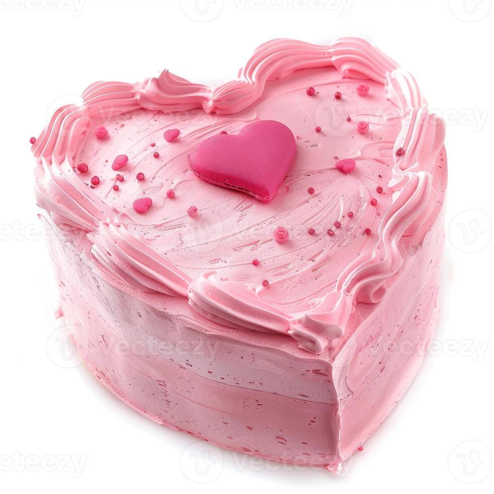 Delicious pink heart shaped cake decorated with icing and small hearts photo