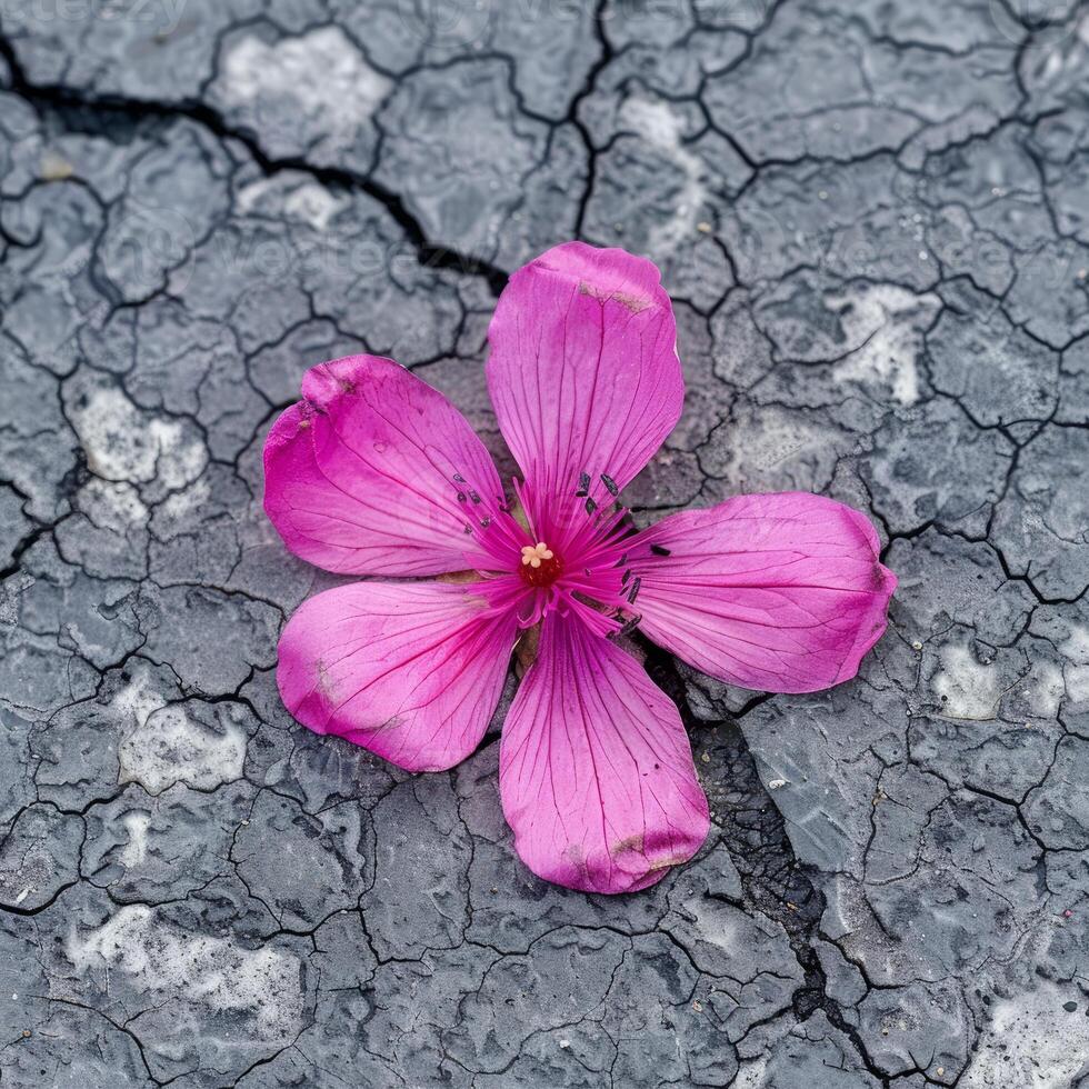 Pink flower blooming on cracked dry soil demonstrating resilience and hope photo