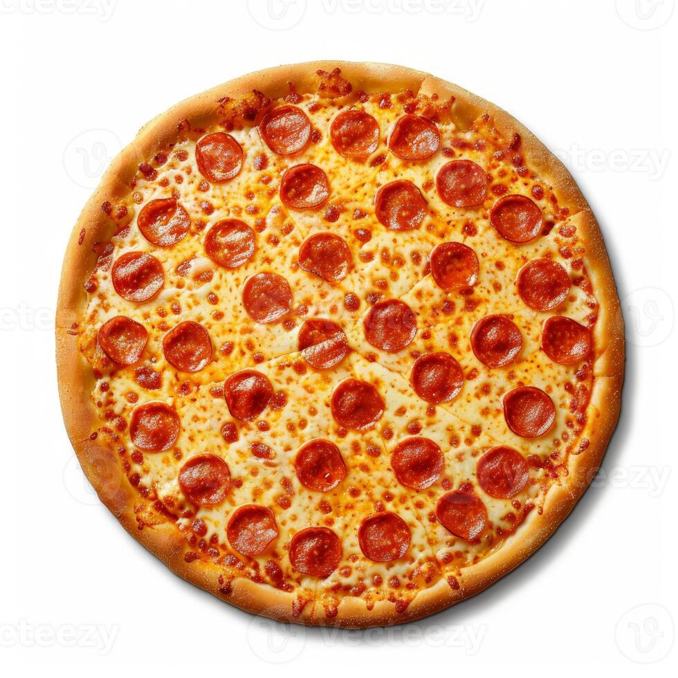 Round pepperoni pizza with melted cheese isolated on white background photo