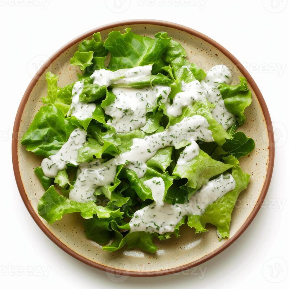 Fresh green salad with creamy dill dressing on rustic plate photo