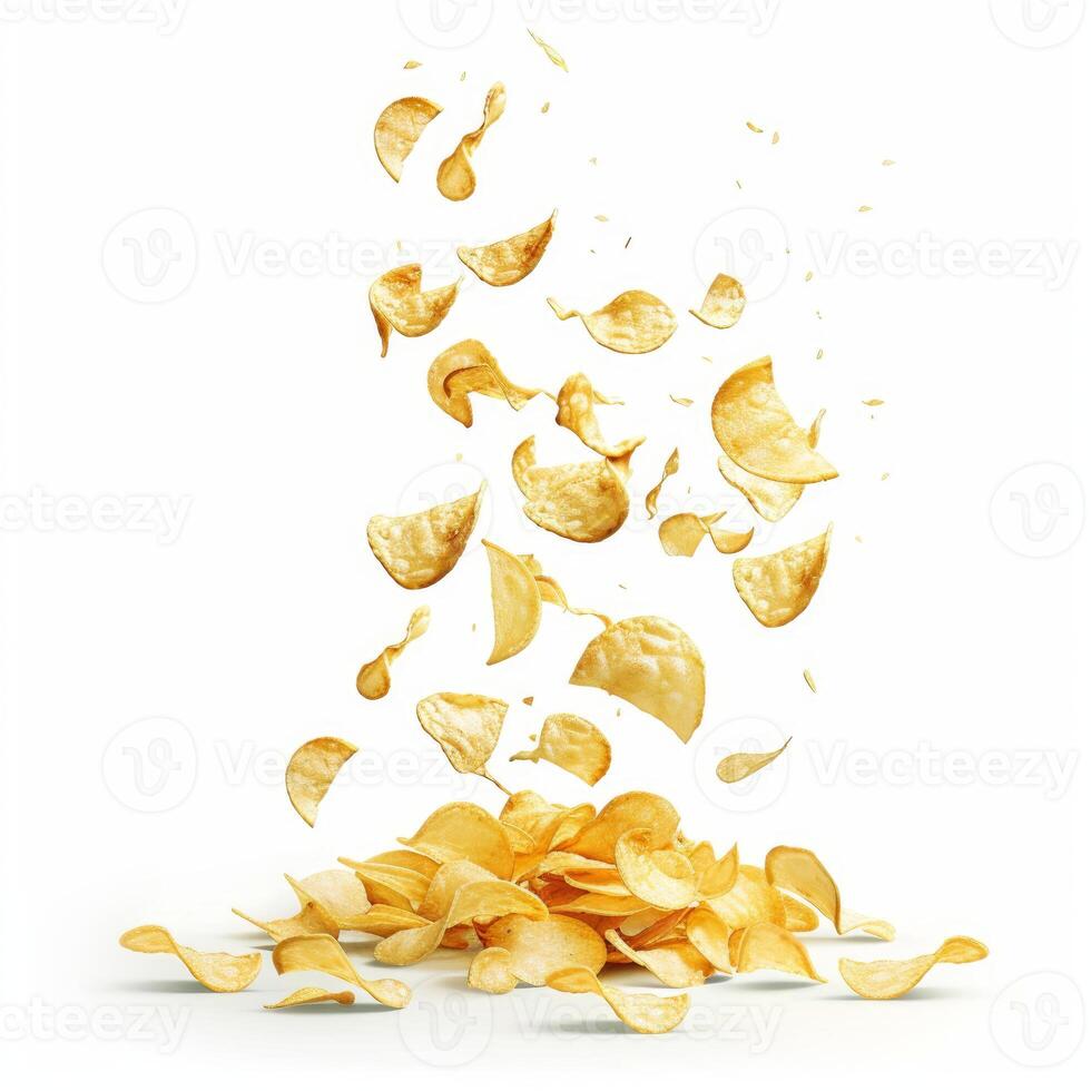 Potato chips falling and stacking on white background photo