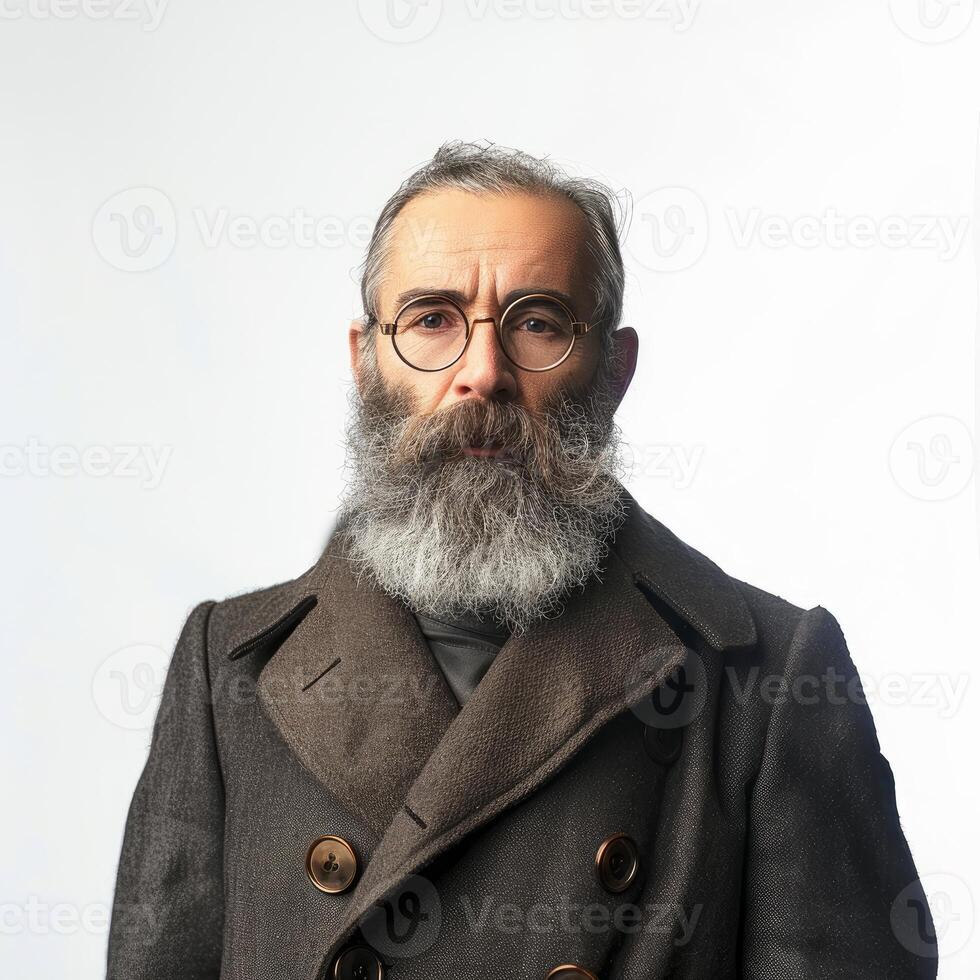 Portrait of confident senior professor wearing stylish round glasses and peacoat photo
