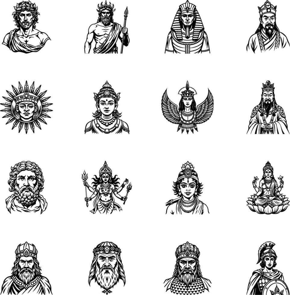 Collection of Ancient Gods Glyph Style Illustrations vector
