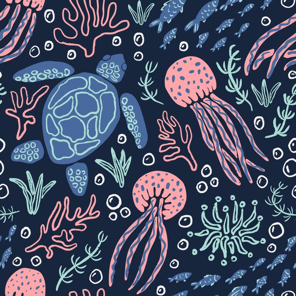 Sea turtle with jellyfish, corals and underwater plants seamless pattern. Beach, vacation, tropical background. Fun bold sea world repeat pattern. vector