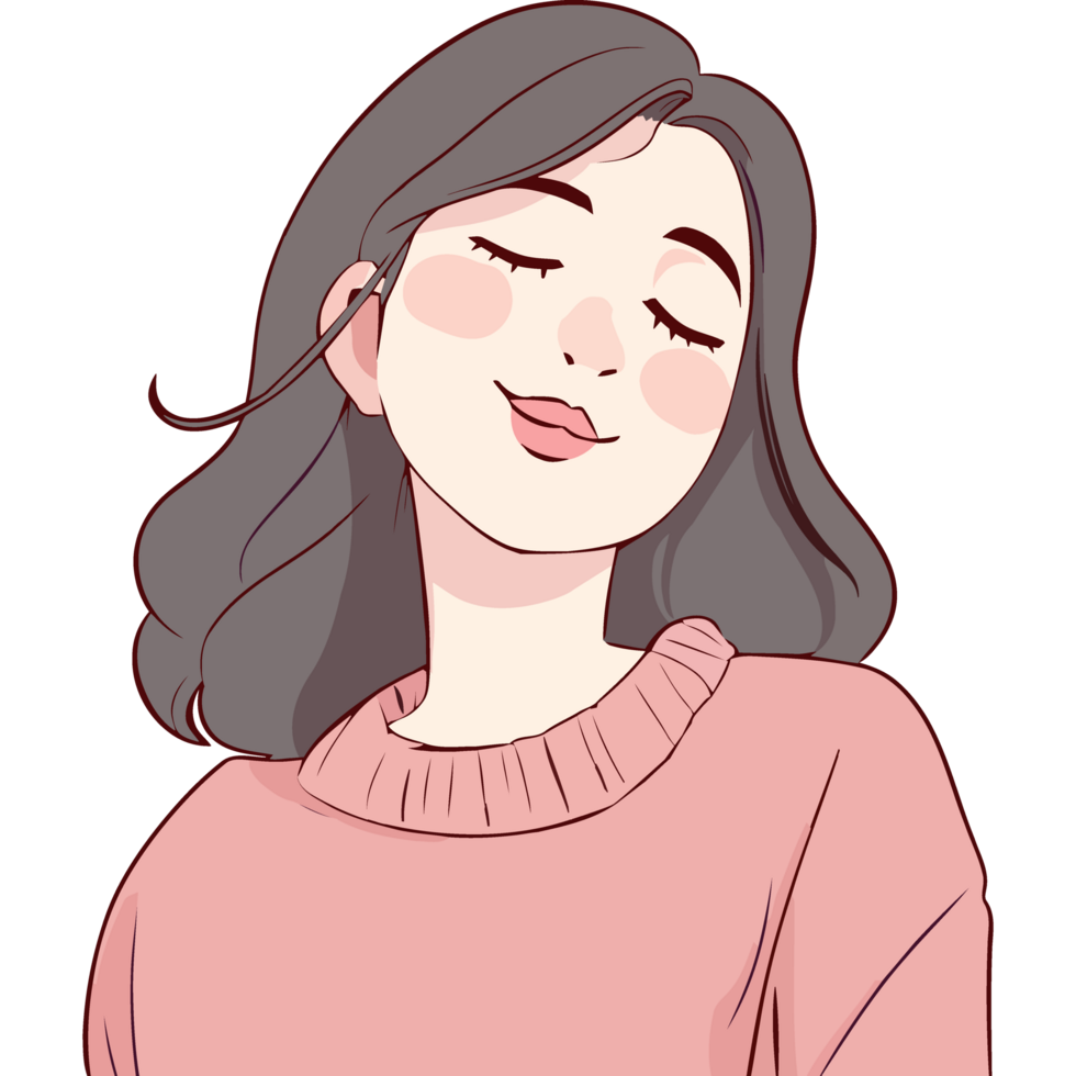 A cartoon girl with her eyes closed and a pink sweater icon isolated png