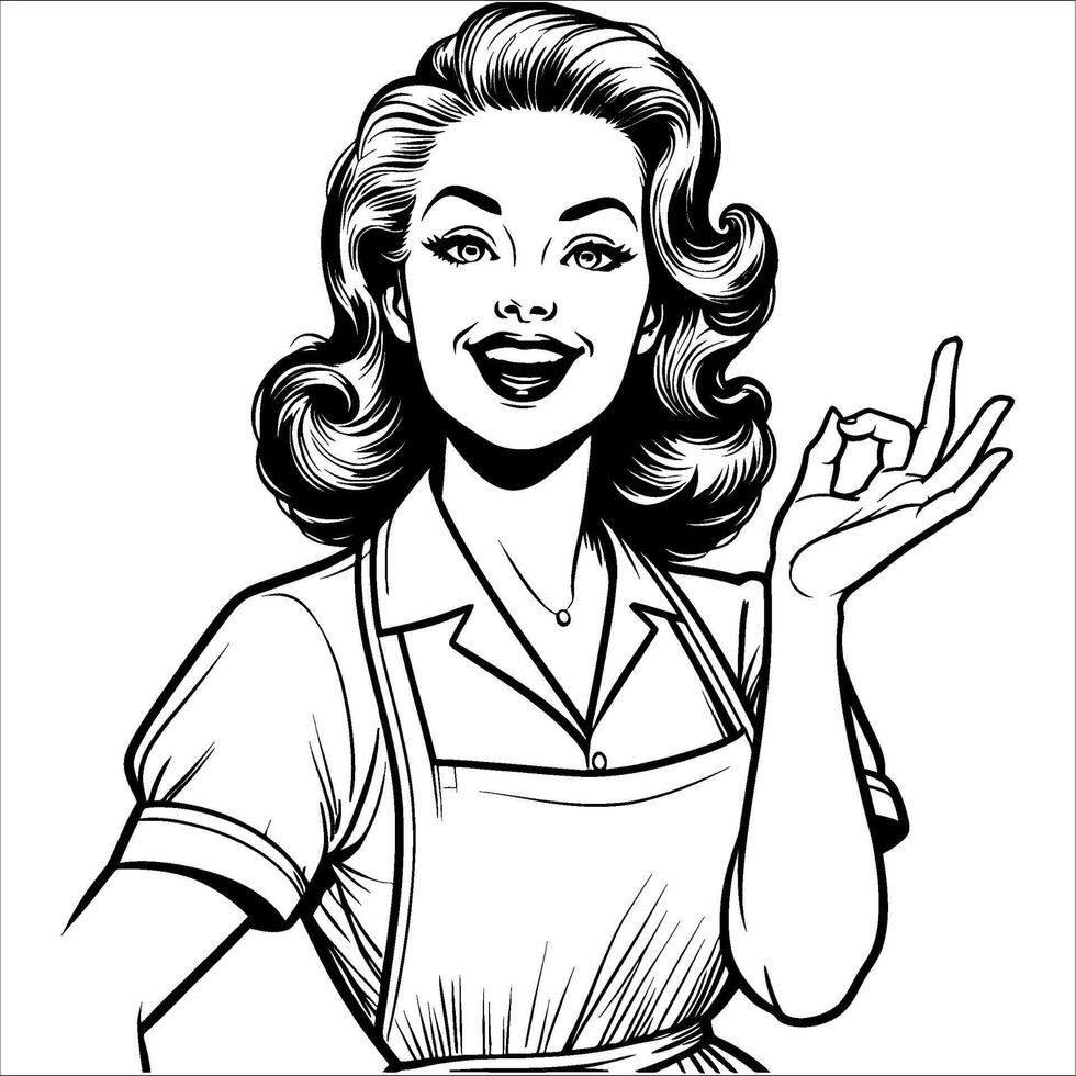 Retro 1940s Woman with Elegant Raised Hand Clean Black and White Line Illustration vector