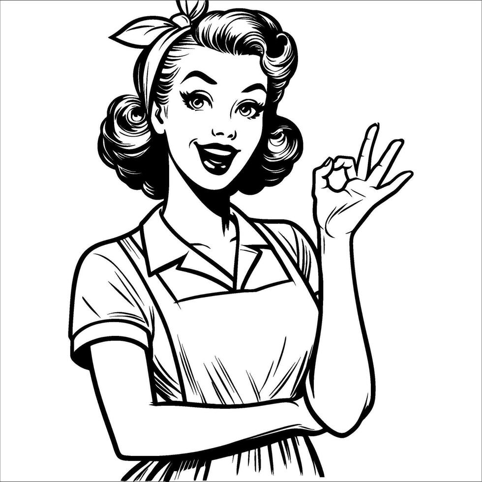 Retro Style Woman with Loosely Curled Fingers Hand Raised Black and White Art vector